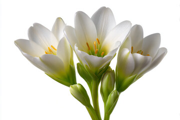 Elegant white flowers with yellow stamens against a white background