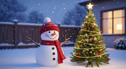 Adorable smiling snowman wearing a cozy red knit hat and scarf stands happily next to a brightly illuminated outdoor Christmas tree during a gentle snowfall on transparent background