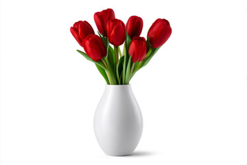 Elegant red tulips in a white vase isolated on white background