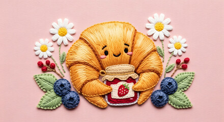 Adorable croissant character holding strawberry jam in soft pastel kawaii style. Cute bakery themed digital illustration suitable for stickers, merchandise, cafe branding, and children products.