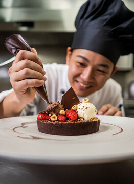 Chef oriental terminando de montar un postre con bizcocho de chocolate, fresas y helado de mandarina