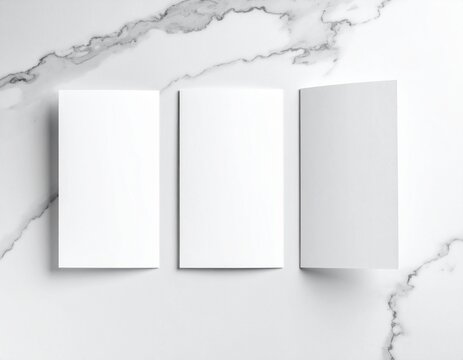 Trifold brochure mock up isolated on white marble background. Trifold brochure mock up rendered with three different variations. 