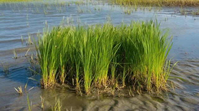 Time-lapse of rice plant growth in a paddy field, showing the development from small shoots to lush green stalks.