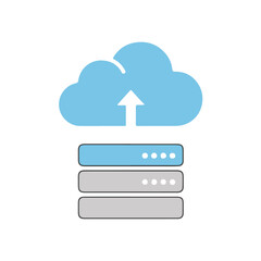 Cloud upload vector graphic: simple icon of a blue cloud with upward arrow above stacked blue and gray server racks, representing data transfer and storage