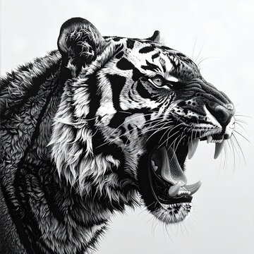 Black and White Roaring Tiger Portrait &ndash; Dramatic Side View Wildlife Illustration