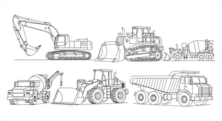 Construction Vehicle Icon Set – Heavy Machinery Line Vector for Engineering and Infrastructure Work © RNB DESIGN
