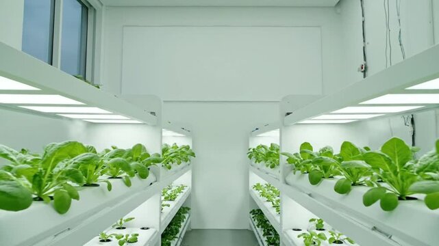Indoor hydroponic farm with rows of leafy green plants growing on white shelves under LED grow lights in a modern, well-lit room with a clean and minimalist aesthetic.
