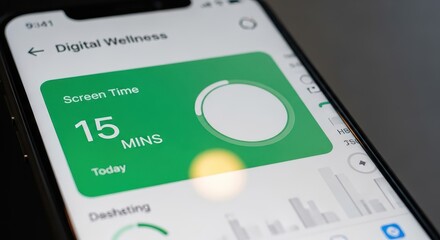 Modern mobile device displays digital wellness screen showing fifteen minutes of daily usage tracking