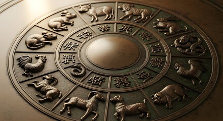 Obraz premium A bronze representation of the Chinese zodiac wheel, or Shio, with embossed relief details. It features the twelve animals of the Chinese horoscope. Suitable for Chinese New Year and Asian culture