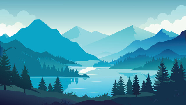 A serene landscape depicts layered blue mountains surrounding a calm lake with evergreen trees framing the view high-quality professional detailed
