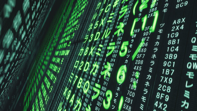 3D rendering of cascading green katakana and alphanumeric characters