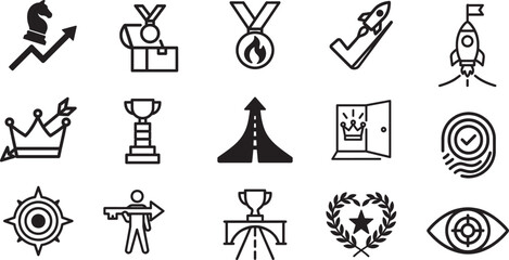 Obraz premium Winner and goal icons. Editable stroke medal and strategy symbols