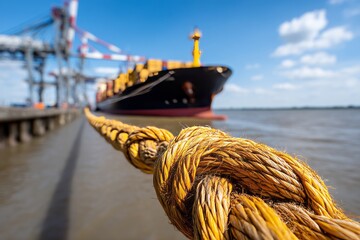 Cargo Ship Moored in Silence with Tensioned Ropes Against Blue Sky