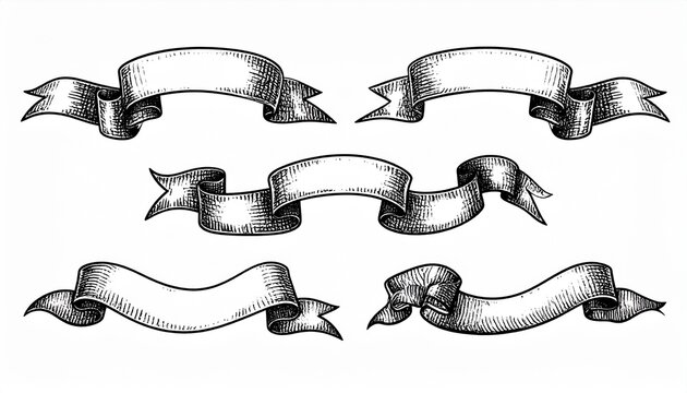 Six vintage engraved ribbon banners hand drawn set Woodcut style graphic element collection for text decoration labels and medieval heraldry isolated on white