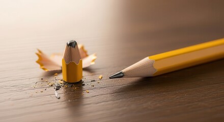 Sharpened writing instrument rests beside its stubby counterpart and wood shavings on a wooden surface