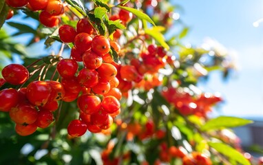Obraz premium Ripe Red Berries Brightly Shine Under Sunlight Among Green Bushes