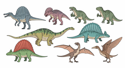 A colorful illustration of various dinosaur species on a white background. © milenialdesastudio
