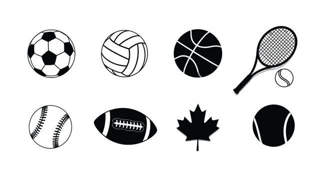 Various sports balls and a tennis racket appear.