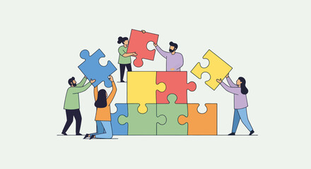 Diverse people assembling a colorful puzzle together