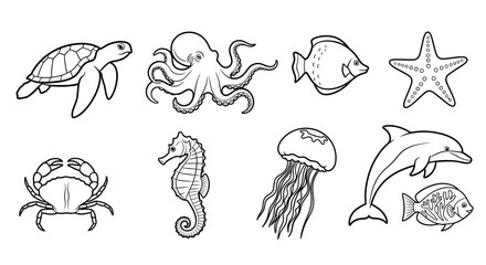 Collection of hand-drawn sea creatures in black and white outlines. © milenialdesastudio