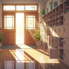 青春の記憶を呼び起こす木製の下駄箱と放課後の光