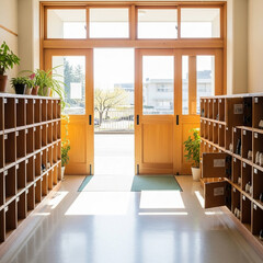 帰宅時間を告げる西日が差し込む日本の学校の玄関