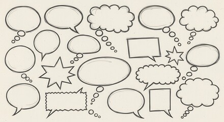 Fototapeta premium Collection of Hand-Drawn Speech Bubbles and Thought Clouds for Creative Projects.