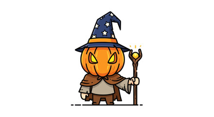 Cute pumpkin wizard holding a magic staff © milenialdesastudio