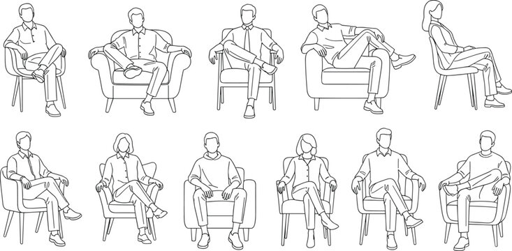 People sitting and lying down set, minimalist line art of men and women, cad drawing flat vector illustration, human poses