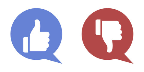 Obraz premium Social Media Feedback Icons with Thumbs Up and Thumbs Down in Speech Bubbles: Blue Like and Red Dislike Vector Symbols for Customer Satisfaction, Online Rating, and User Interaction Concept