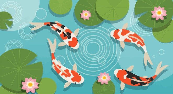 Colorful koi fish swim in a peaceful pond with lily pads and flowers.