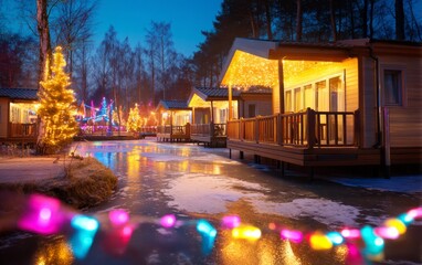 Obraz premium Cozy Glowing Cabins by Icy Lakes in Enchanting Holiday Village Setting