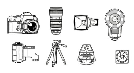 Collection of hand-drawn vintage photography equipment on white background