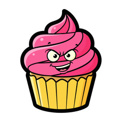 Mischievous Cartoon Cupcake with Evil Grin
