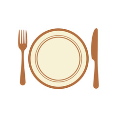 A simple illustration of a dinner plate with a fork and knife on a white background.