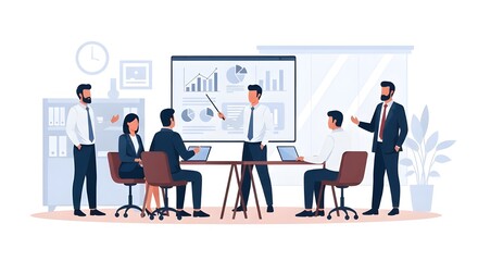 Flat style business illustration of a professional team having a meeting in a modern office.