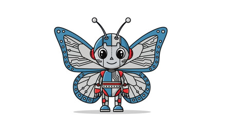 A cute cartoon robot butterfly standing on a white background.