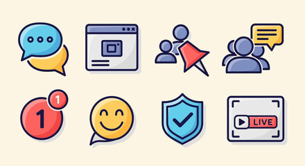 Set of colorful social media and digital communication flat icons.