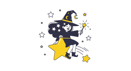 Whimsical witch character flying on a magical star with her wand.
