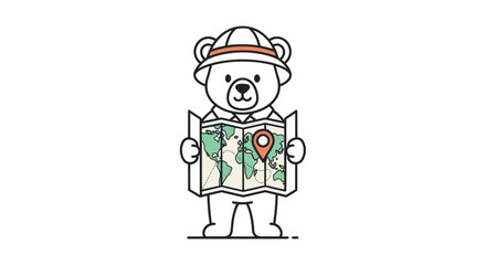 Cute cartoon bear explorer with world map and location pin.