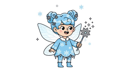 Cute winter fairy girl with snowflake magic wand