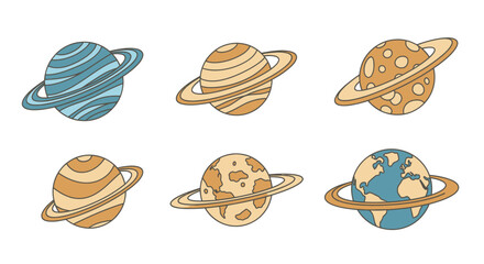 Cartoon Solar System Planets with Rings Vector Illustration Set