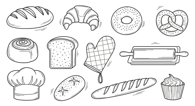 Hand drawn bakery items and baking tools set.