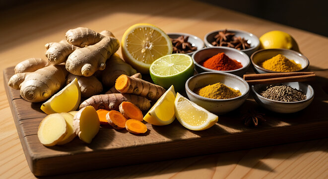 Ginger Root Lemon Lime Spices on Wooden Board