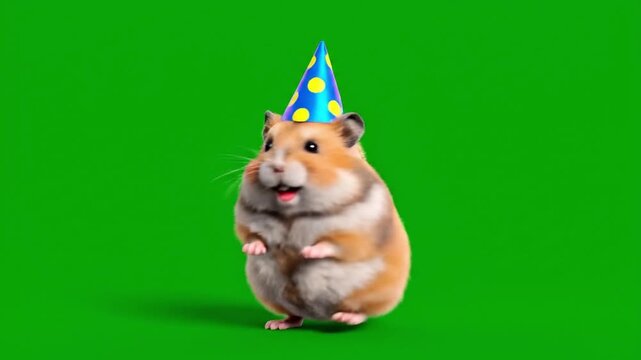 3d cute hamster character dancing in place lively motion bouncy body cheerful expression wearing tiny hat solid green screen background smooth animation loop fun playful mood
