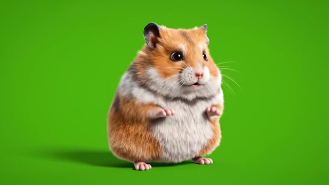 playful 3d animated hamster dancing joyfully tiny paws moving rhythmically fluffy fur cute proportions solid bright green background clean lighting seamless loop animation
