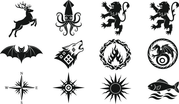 Fantasy emblems, heraldic sigils, mythical animal silhouettes, medieval symbols, stylized illustration, vector art, decorative graphic design