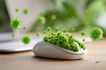 Computer Mouse Surrounded by Colorful Germs on a Softwood Table Background