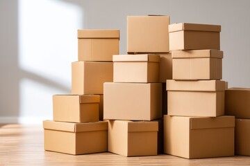 Fototapeta premium Pile of Empty Cardboard Boxes Stacked Neatly on a Wooden Floor