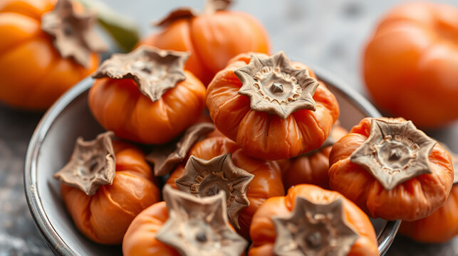 Several dried persimmons in a ceramic plate. This is a useful product for diseases of the endocrine and digestive systems, blood vessels, beriberi and anemia. Selective focus. Copy space, close-up.